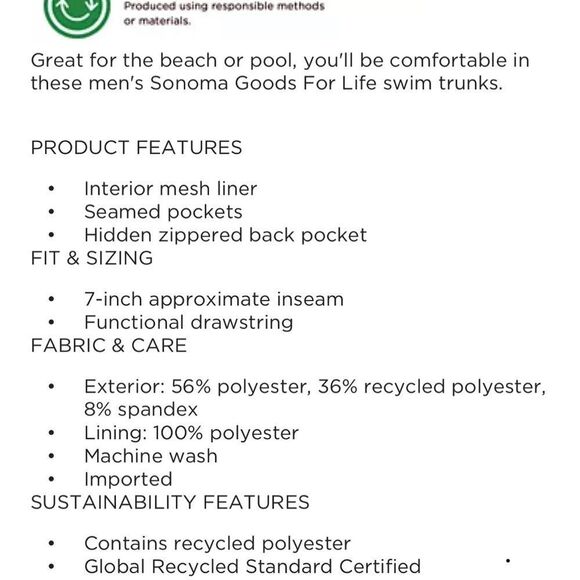 SONOMA Swim Trunks Men’s L Blue Side pockets zippered back pocket drawstring - Picture 4 of 9